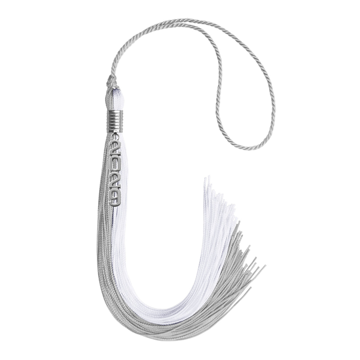Grey/White Graduation Tassel with Silver Stacked Date Drop by Wholesale Grad Supply