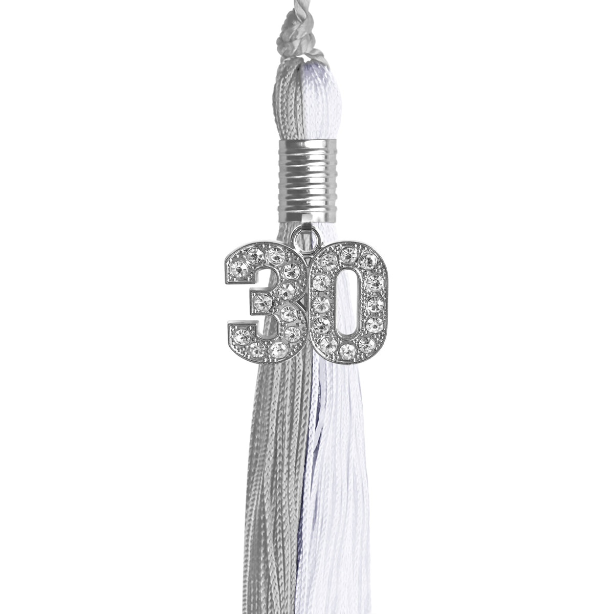 Grey/White Graduation Tassel with Silver Bling Charm by Wholesale Grad Supply