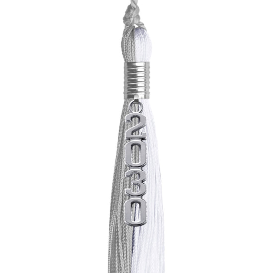 Grey/White Graduation Tassel with Silver Stacked Date Drop by Wholesale Grad Supply