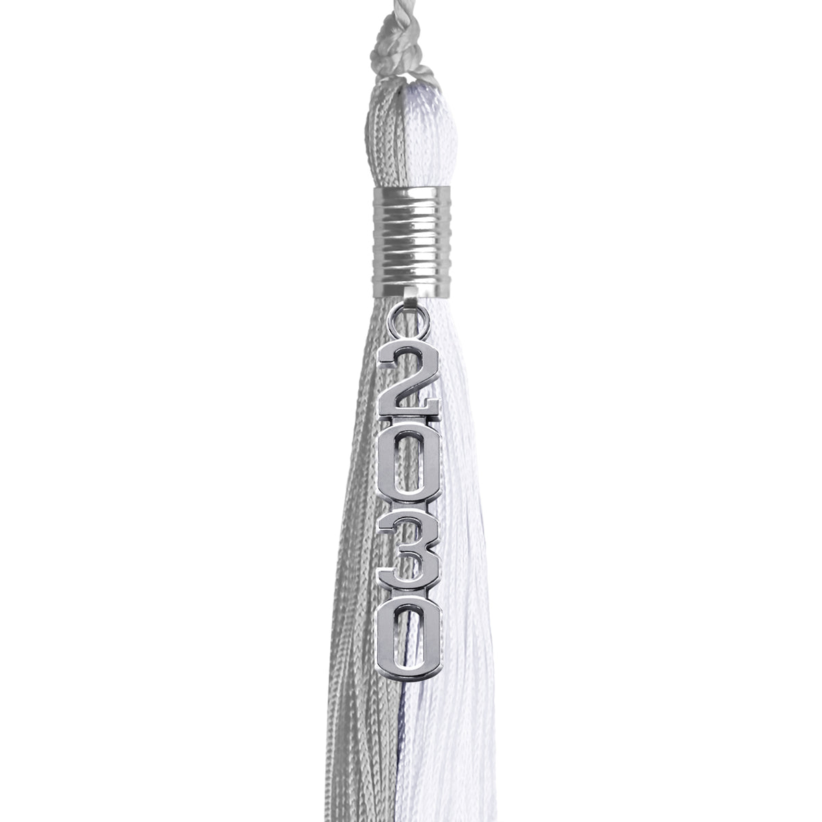 Grey/White Graduation Tassel with Silver Stacked Date Drop by Wholesale Grad Supply