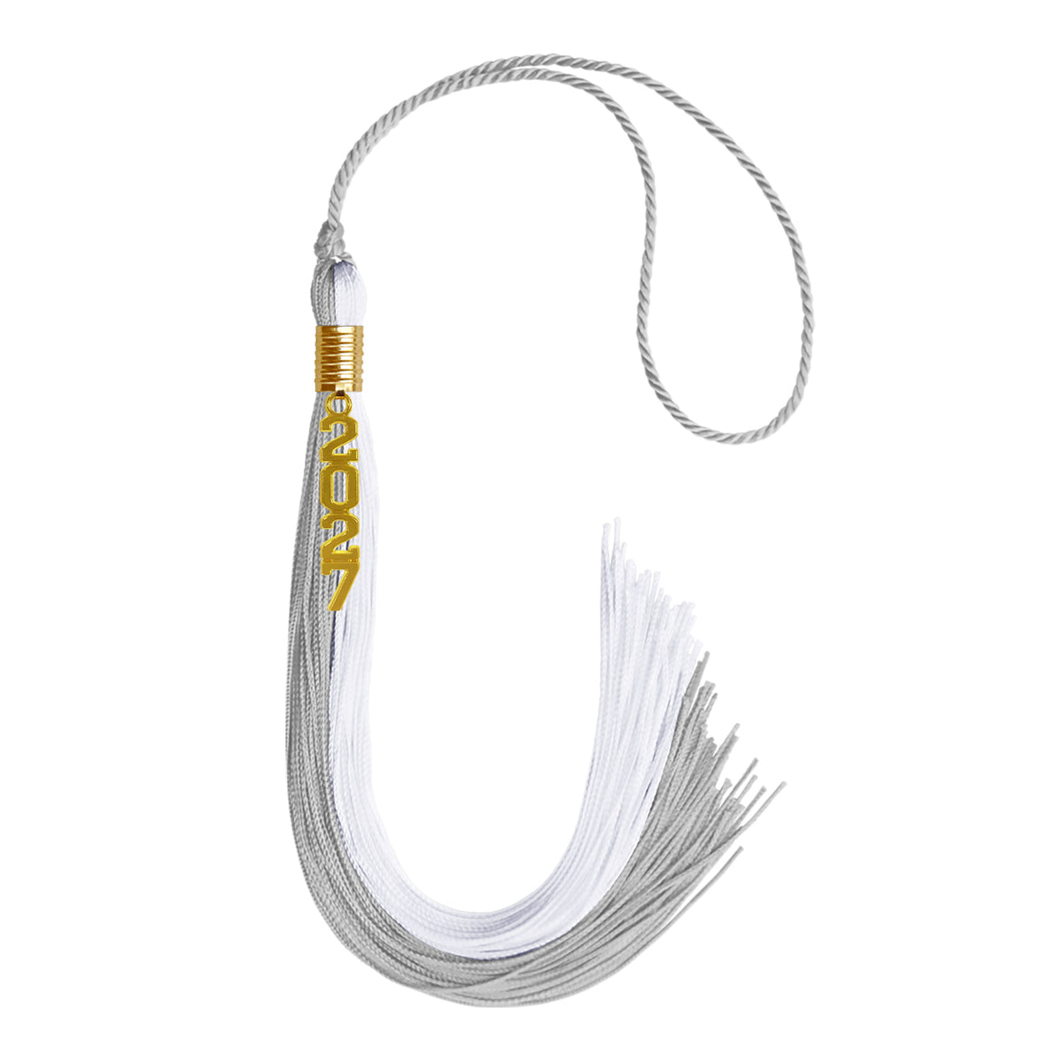 Grey/White Graduation Tassel with Gold Stacked Date Drop by Wholesale Grad Supply