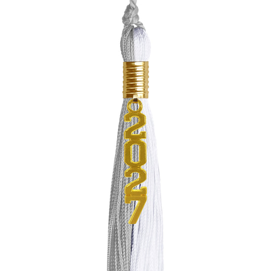 Grey/White Graduation Tassel with Gold Stacked Date Drop by Wholesale Grad Supply