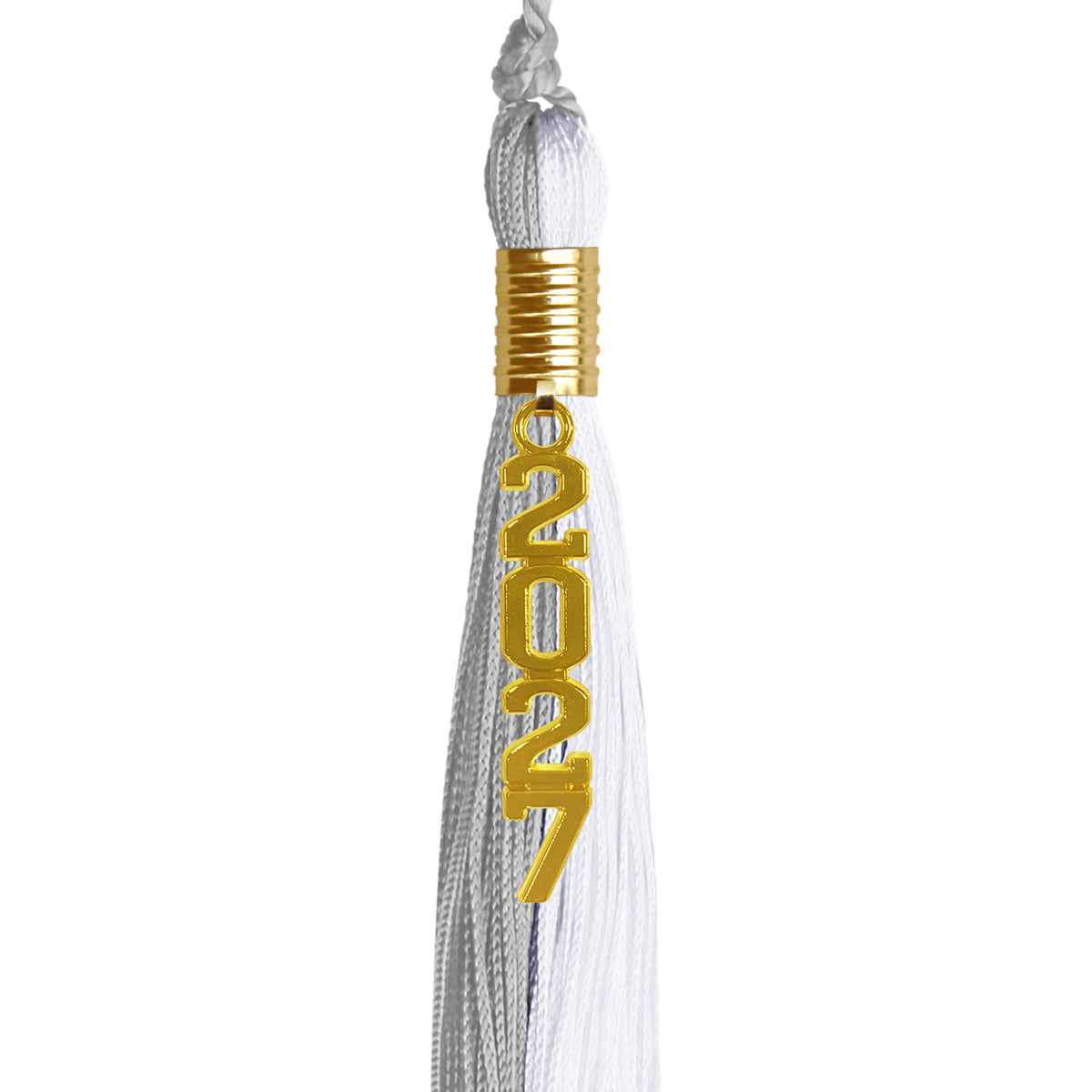 Grey/White Graduation Tassel with Gold Stacked Date Drop by Wholesale Grad Supply