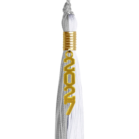 Grey/White Graduation Tassel with Gold Stacked Date Drop by Wholesale Grad Supply