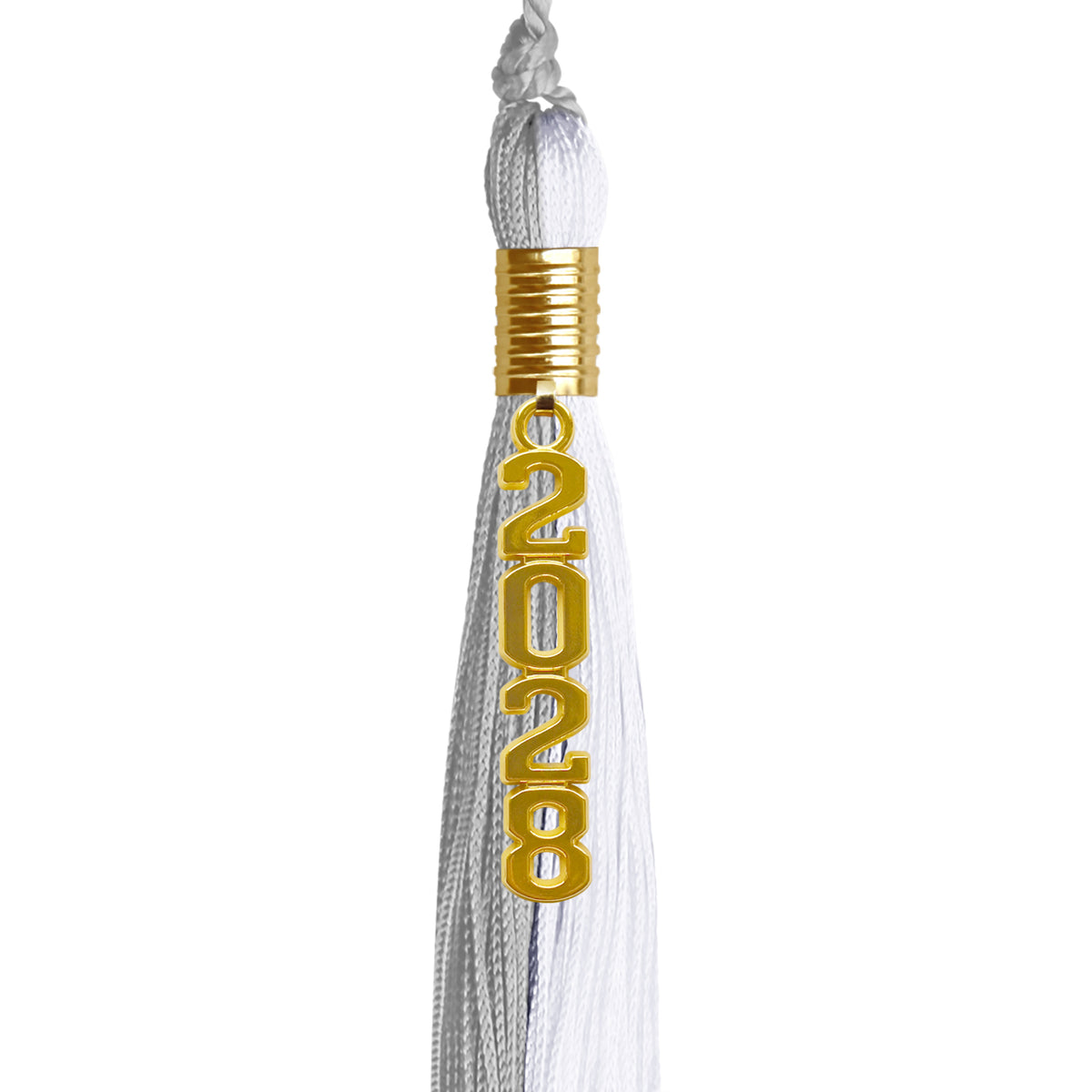 Grey/White Graduation Tassel with Gold Stacked Date Drop by Wholesale Grad Supply