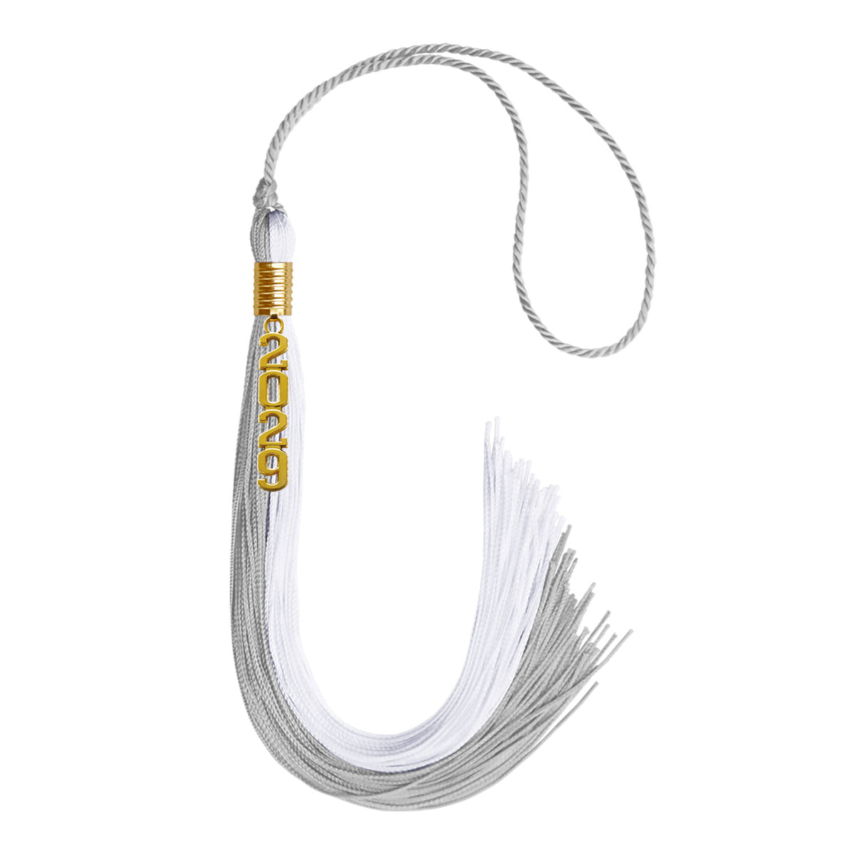 Grey/White Graduation Tassel with Gold Stacked Date Drop by Wholesale Grad Supply