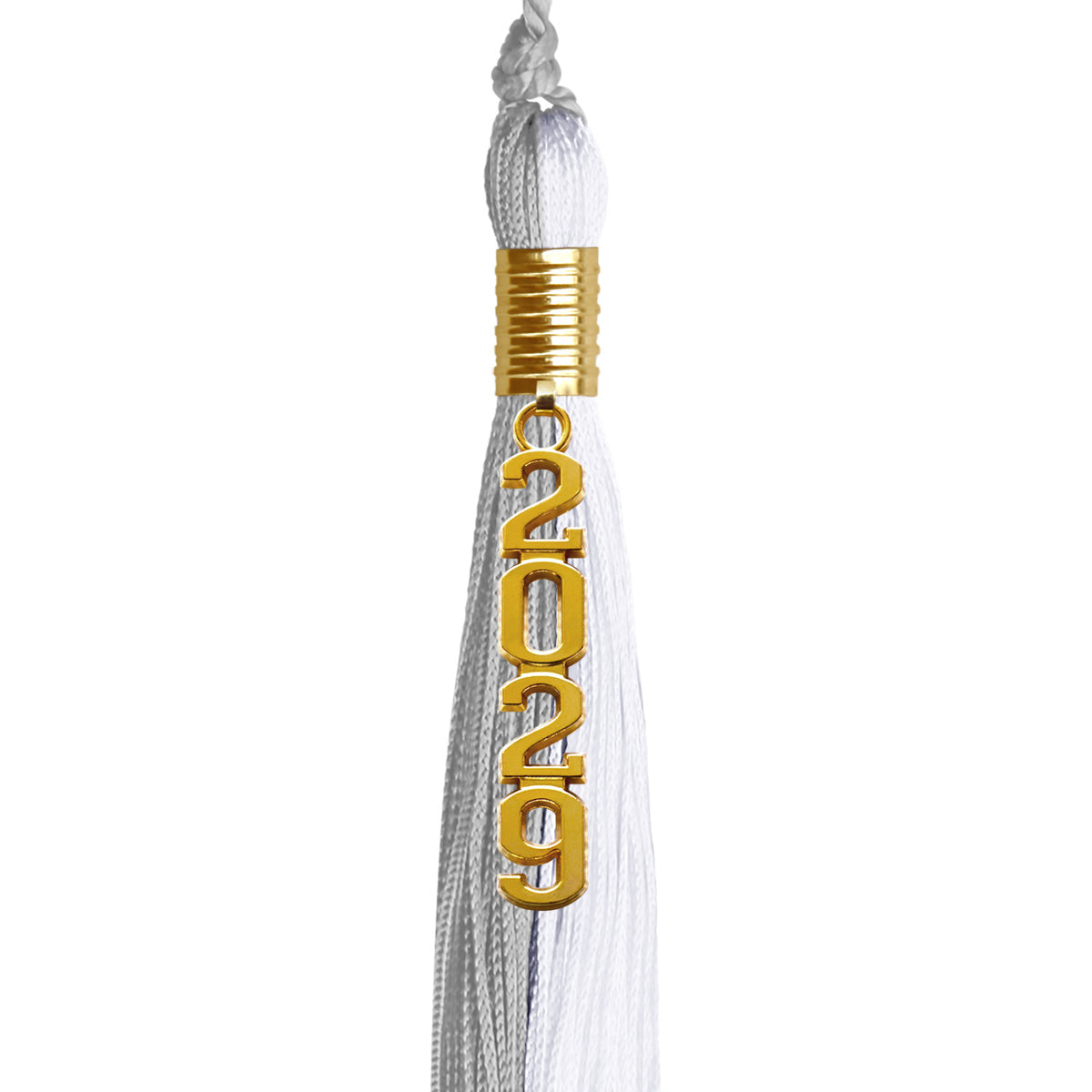 Grey/White Graduation Tassel with Gold Stacked Date Drop by Wholesale Grad Supply