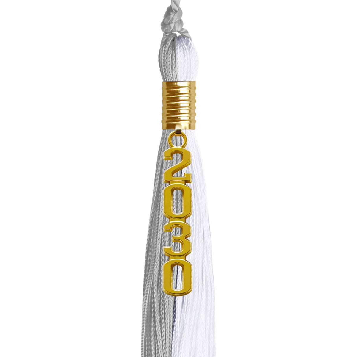 Grey/White Graduation Tassel with Gold Stacked Date Drop by Wholesale Grad Supply