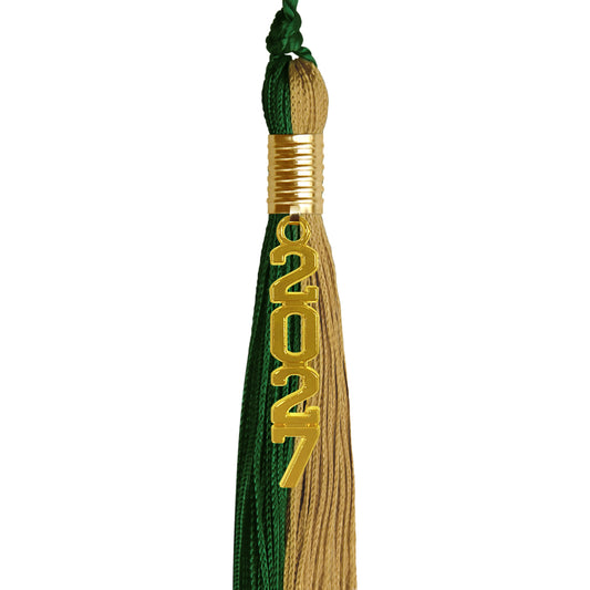 Hunter Green/Antique Gold Graduation Tassel with Gold Stacked Date Drop by Wholesale Grad Supply