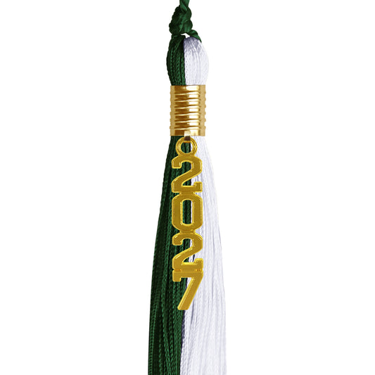 Hunter Green/White Graduation Tassel with Gold Stacked Date Drop by Wholesale Grad Supply