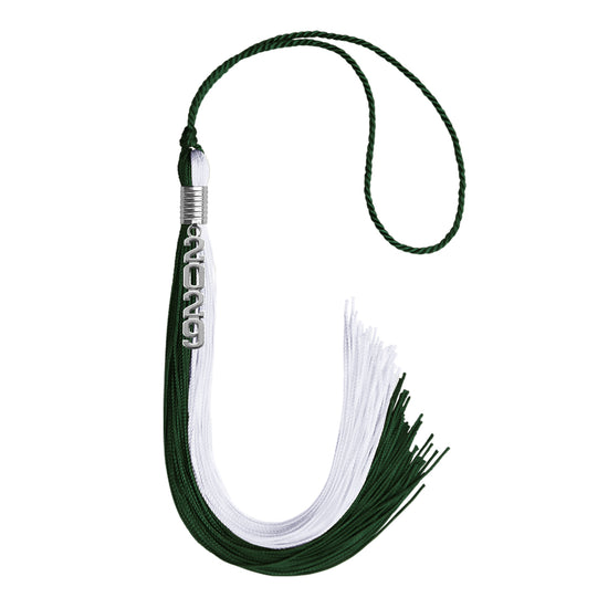 Hunter Green/White Graduation Tassel with Silver Stacked Date Drop by Wholesale Grad Supply