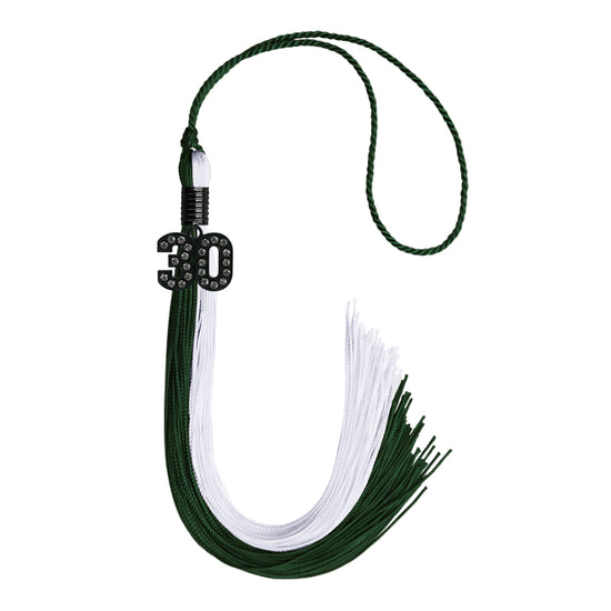 Hunter Green/White Graduation Tassel with Black Bling Charm by Wholesale Grad Supply