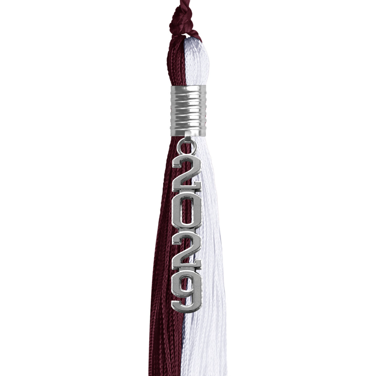 Maroon/White Graduation Tassel with Silver Stacked Date Drop by Wholesale Grad Supply