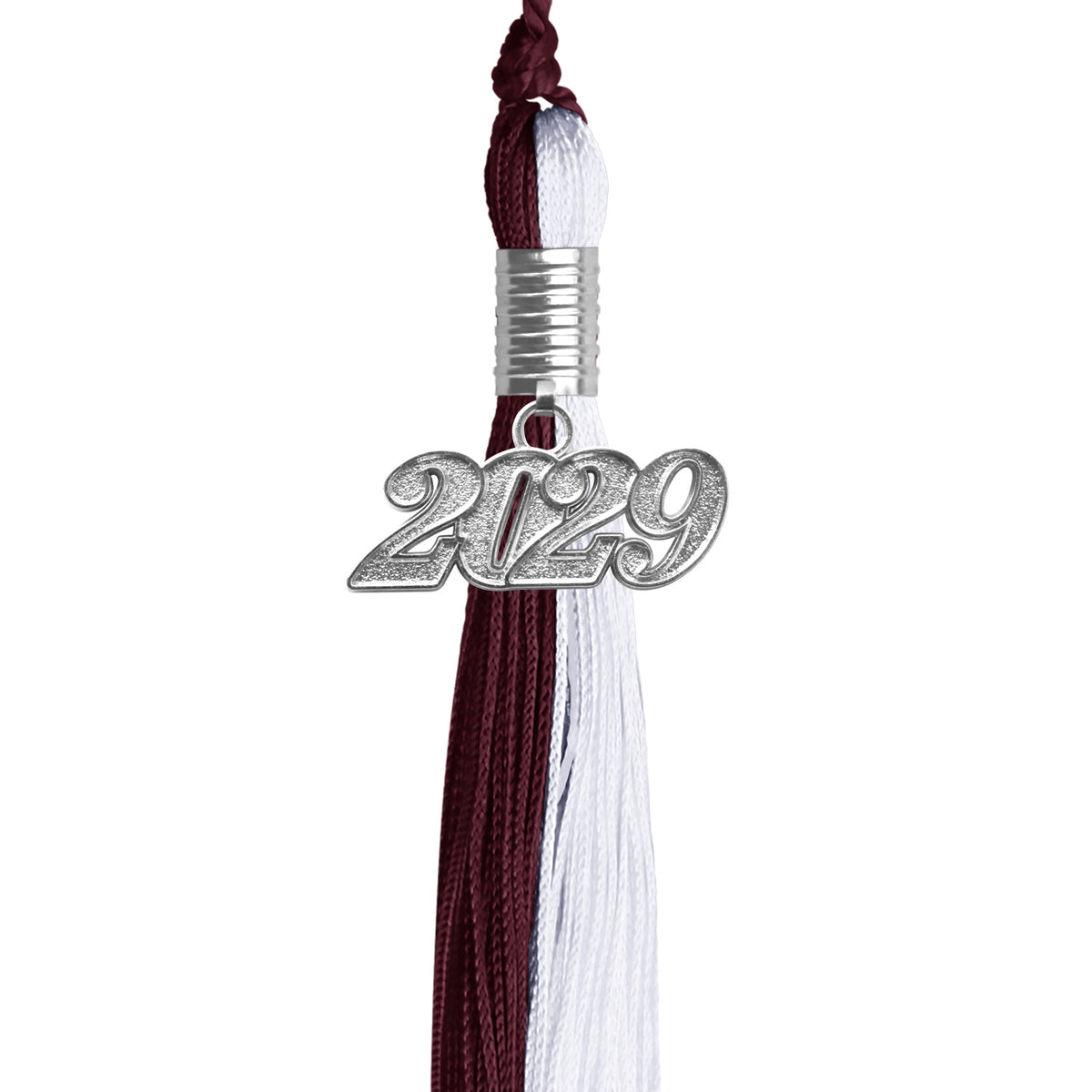 Maroon/White Graduation Tassel with Silver Date Drop by Wholesale Grad Supply