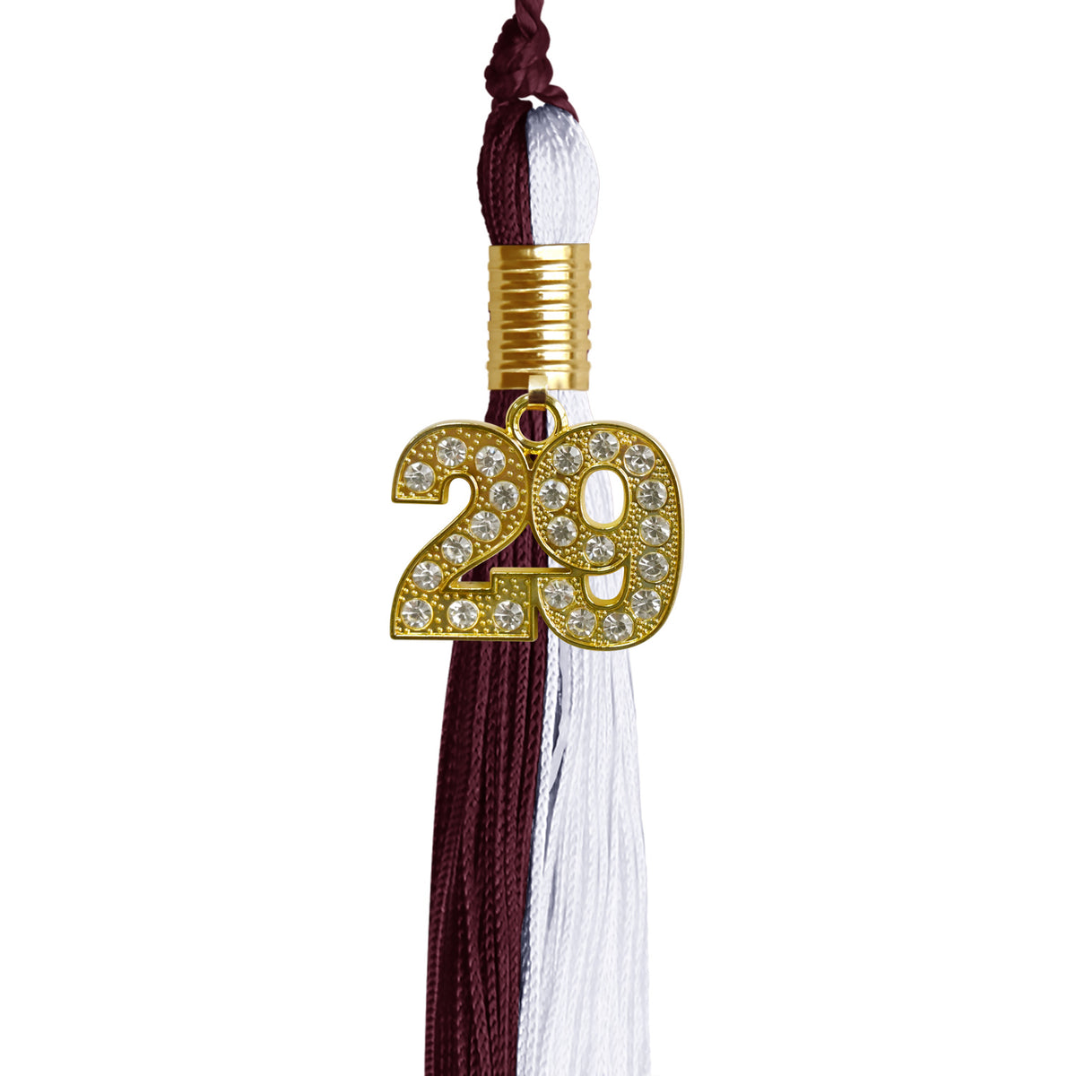 Maroon/White Graduation Tassel with Gold Bling Charm by Wholesale Grad Supply