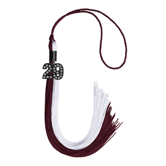 Maroon/White Graduation Tassel with Black Bling Charm by Wholesale Grad Supply