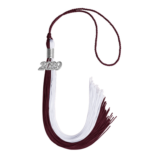 Maroon/White Graduation Tassel with Silver Date Drop by Wholesale Grad Supply