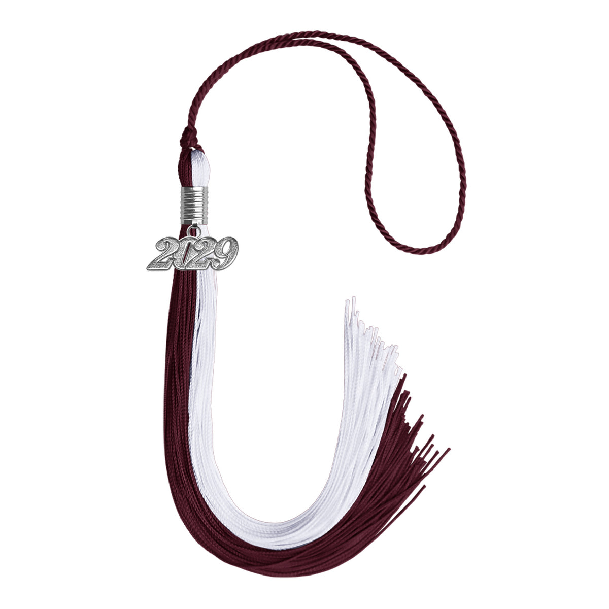 Maroon/White Graduation Tassel with Silver Date Drop by Wholesale Grad Supply