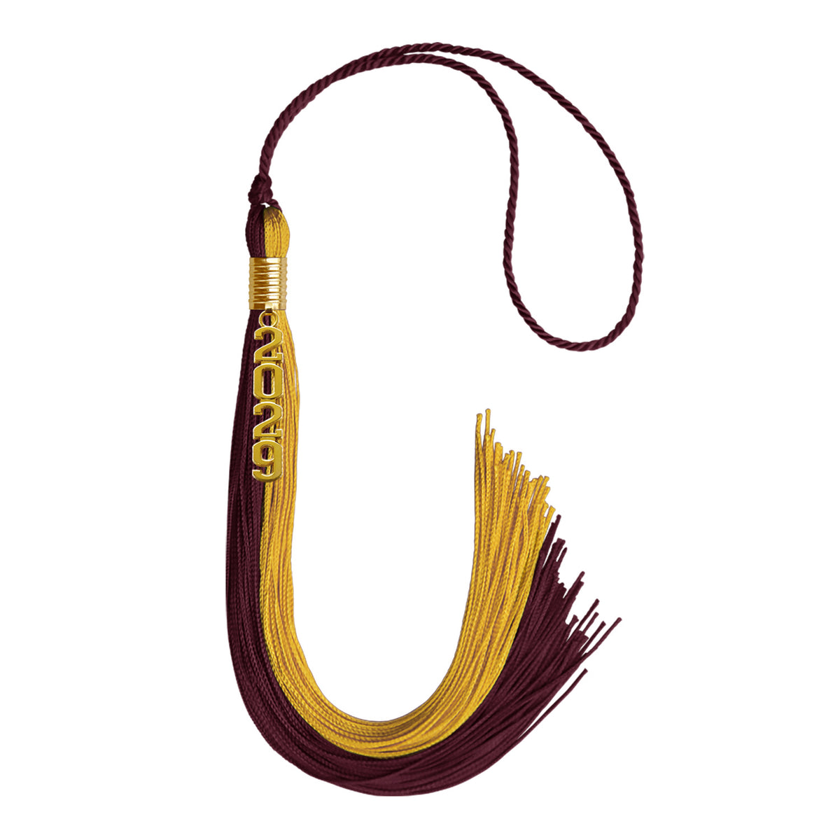 Maroon/Bright Gold Graduation Tassel with Gold Stacked Date Drop by Wholesale Grad Supply