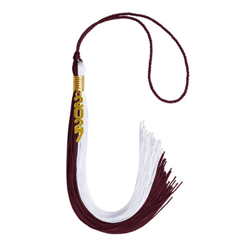 Maroon/White Graduation Tassel with Gold Stacked Date Drop by Wholesale Grad Supply