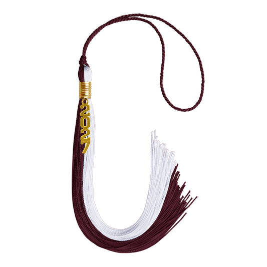 Maroon/White Graduation Tassel with Gold Stacked Date Drop by Wholesale Grad Supply