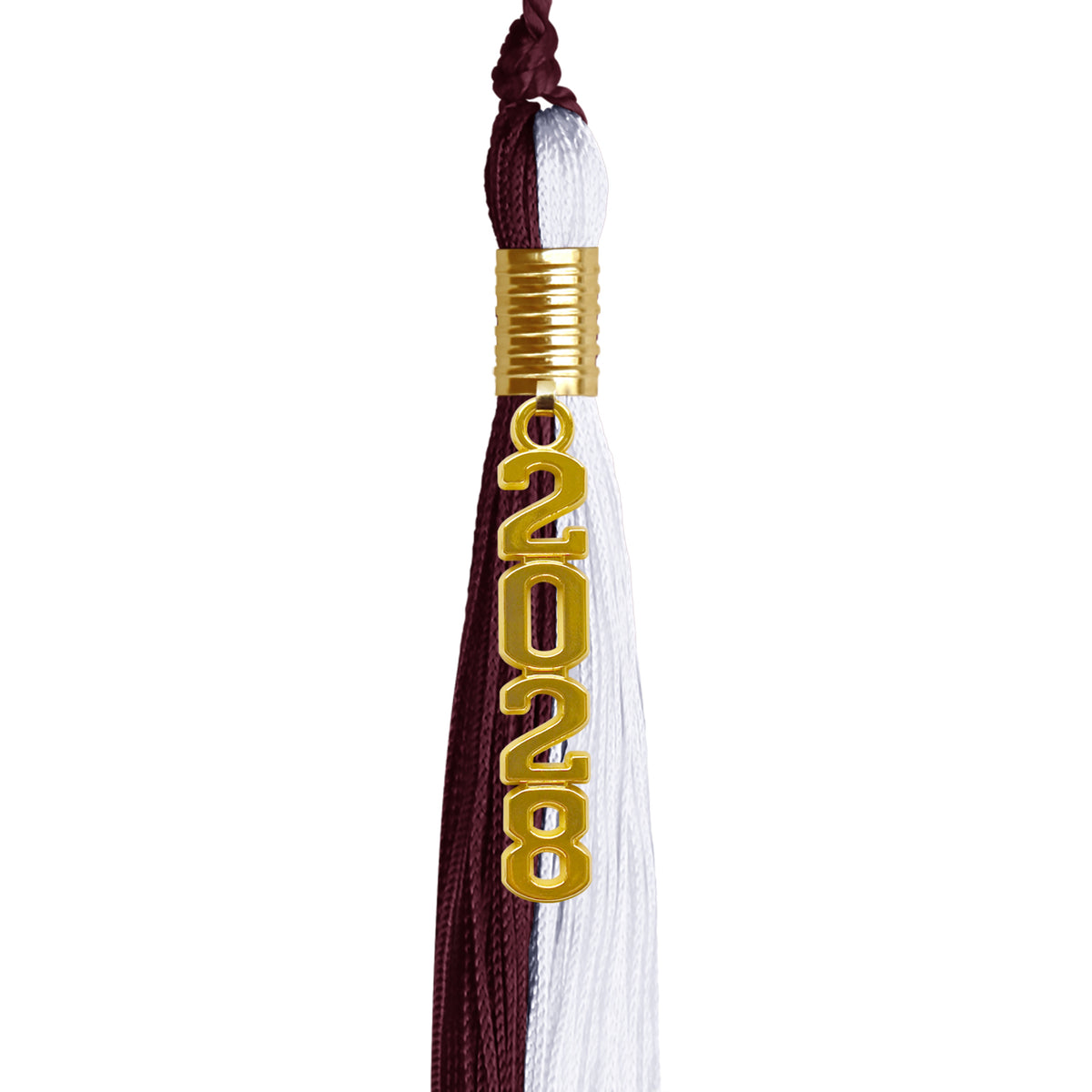 Maroon/White Graduation Tassel with Gold Stacked Date Drop by Wholesale Grad Supply