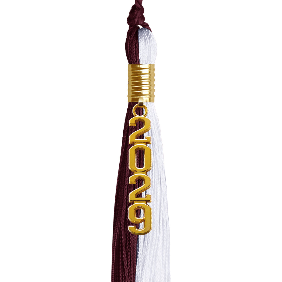Maroon/White Graduation Tassel with Gold Stacked Date Drop by Wholesale Grad Supply