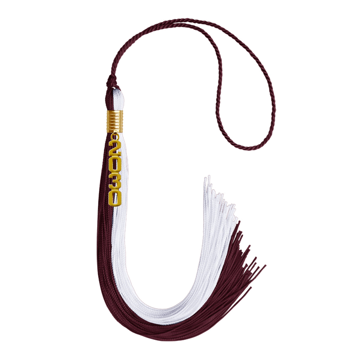 Maroon/White Graduation Tassel with Gold Stacked Date Drop by Wholesale Grad Supply