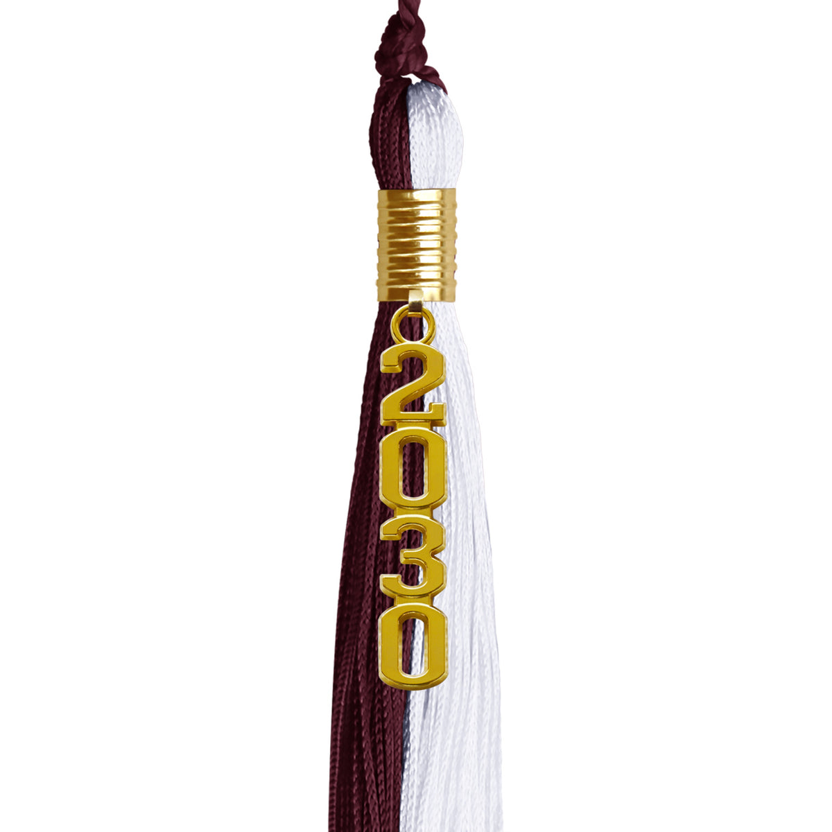 Maroon/White Graduation Tassel with Gold Stacked Date Drop by Wholesale Grad Supply