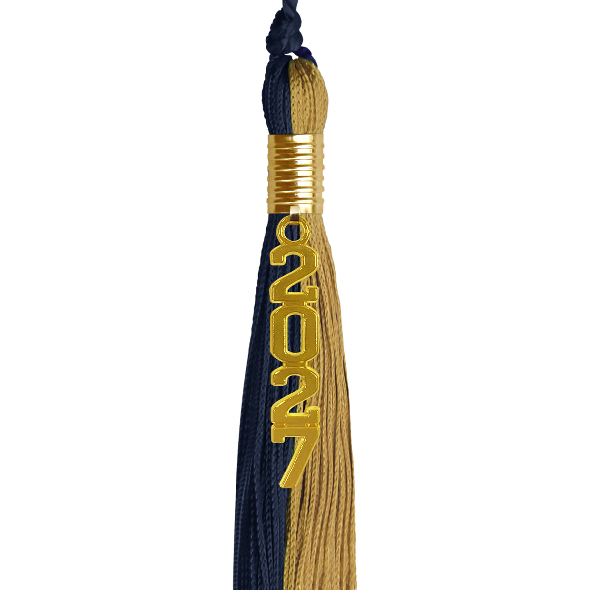 Dark Navy Blue/Antique Gold Graduation Tassel with Gold Stacked Date Drop by Wholesale Grad Supply