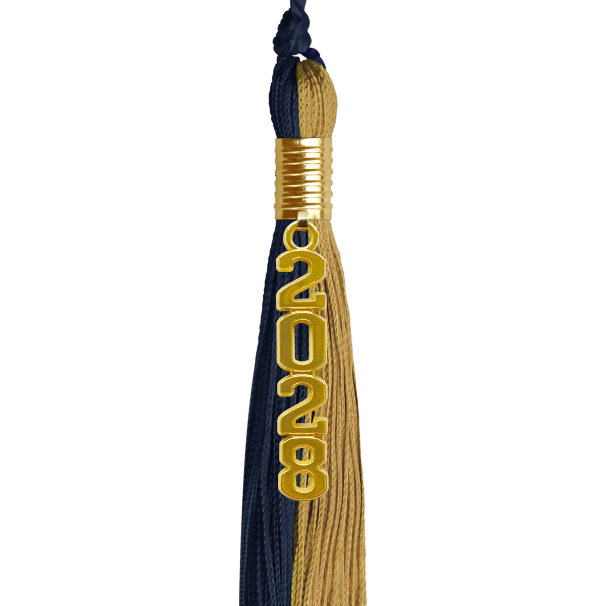 Dark Navy Blue/Antique Gold Graduation Tassel with Gold Stacked Date Drop by Wholesale Grad Supply