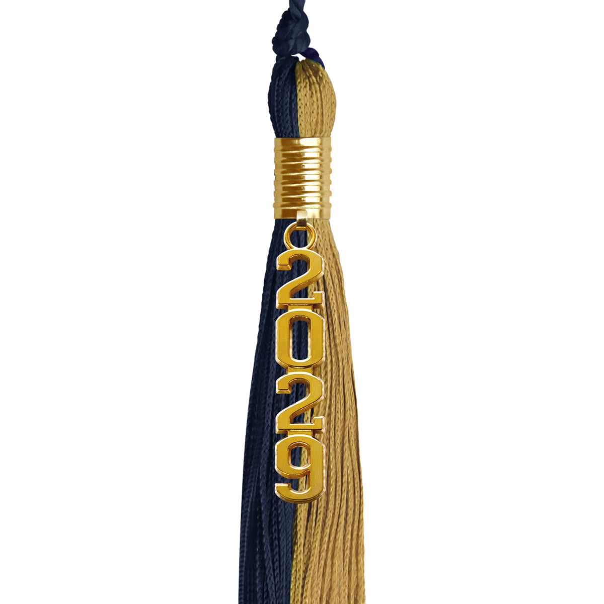 Dark Navy Blue/Antique Gold Graduation Tassel with Gold Stacked Date Drop by Wholesale Grad Supply