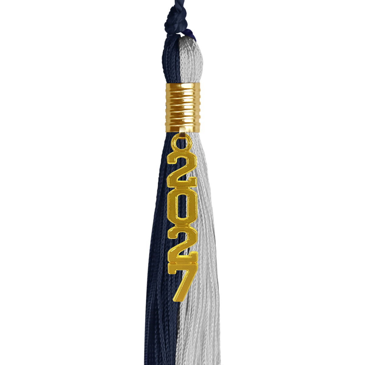 Dark Navy Blue/Grey Graduation Tassel with Gold Stacked Date Drop by Wholesale Grad Supply