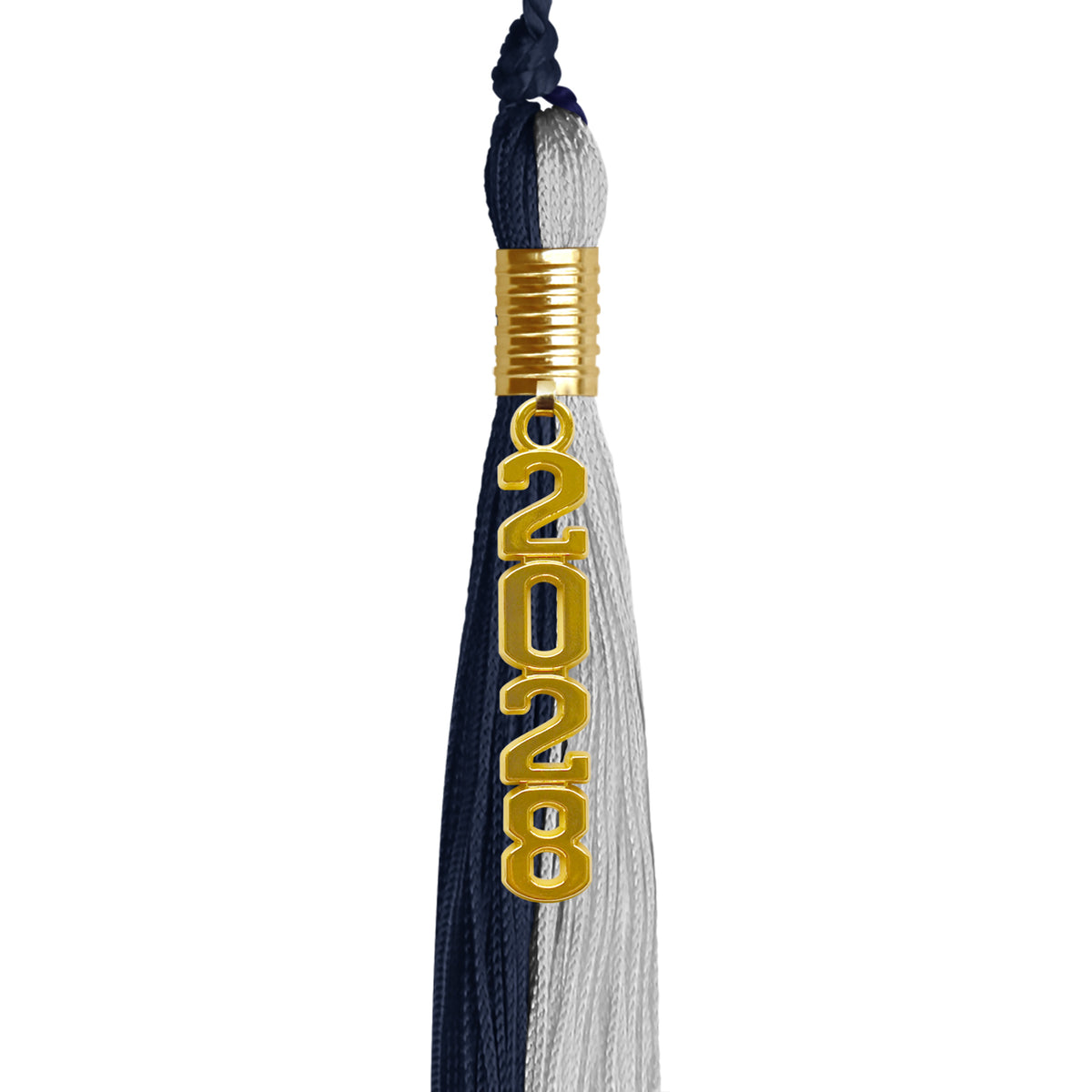Dark Navy Blue/Grey Graduation Tassel with Gold Stacked Date Drop by Wholesale Grad Supply