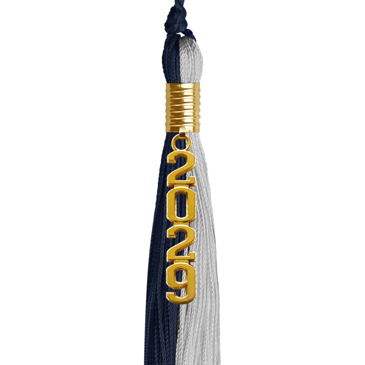 Dark Navy Blue/Grey Graduation Tassel with Gold Stacked Date Drop by Wholesale Grad Supply