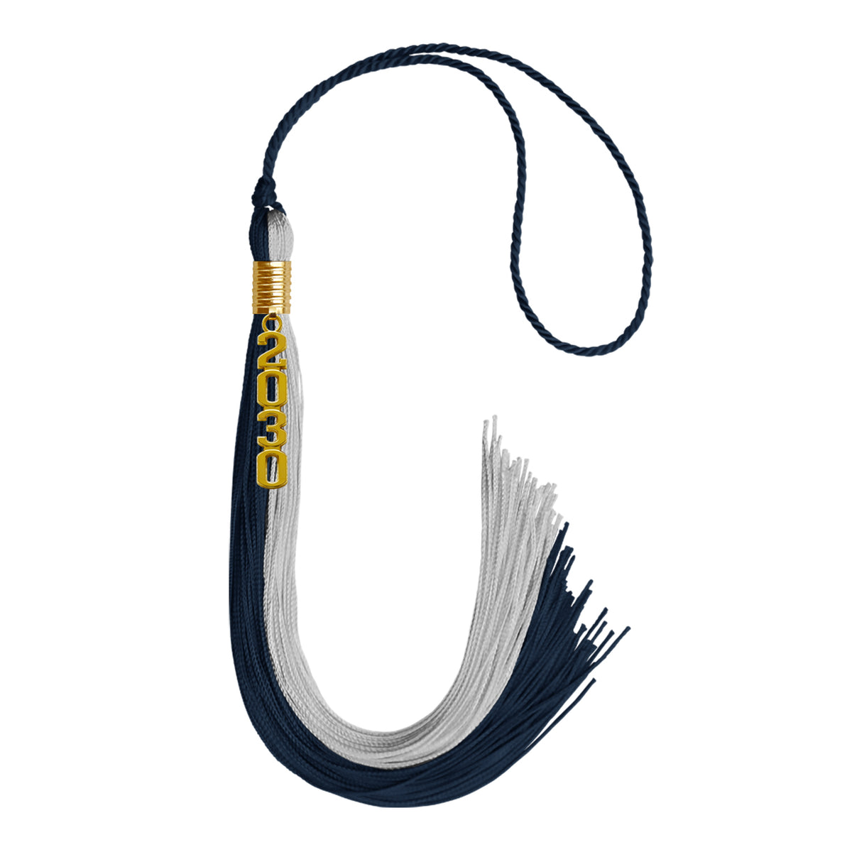 Dark Navy Blue/Grey Graduation Tassel with Gold Stacked Date Drop by Wholesale Grad Supply