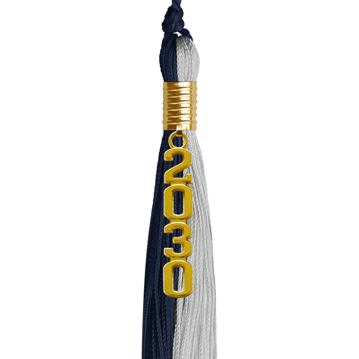 Dark Navy Blue/Grey Graduation Tassel with Gold Stacked Date Drop by Wholesale Grad Supply