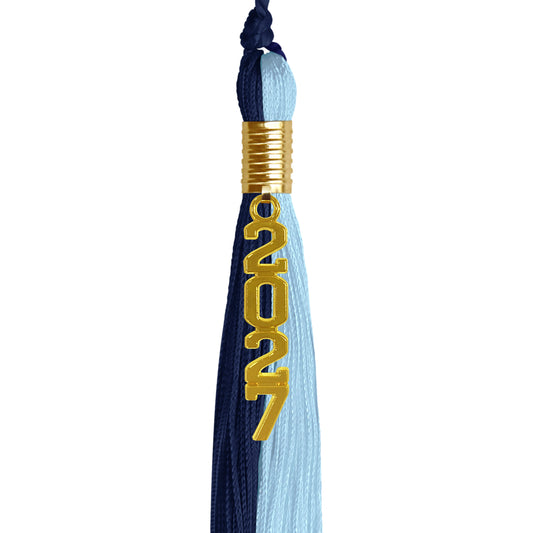 Dark Navy Blue/Light Blue Graduation Tassel with Gold Stacked Date Drop by Wholesale Grad Supply