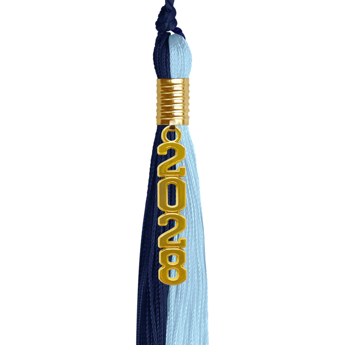 Dark Navy Blue/Light Blue Graduation Tassel with Gold Stacked Date Drop by Wholesale Grad Supply