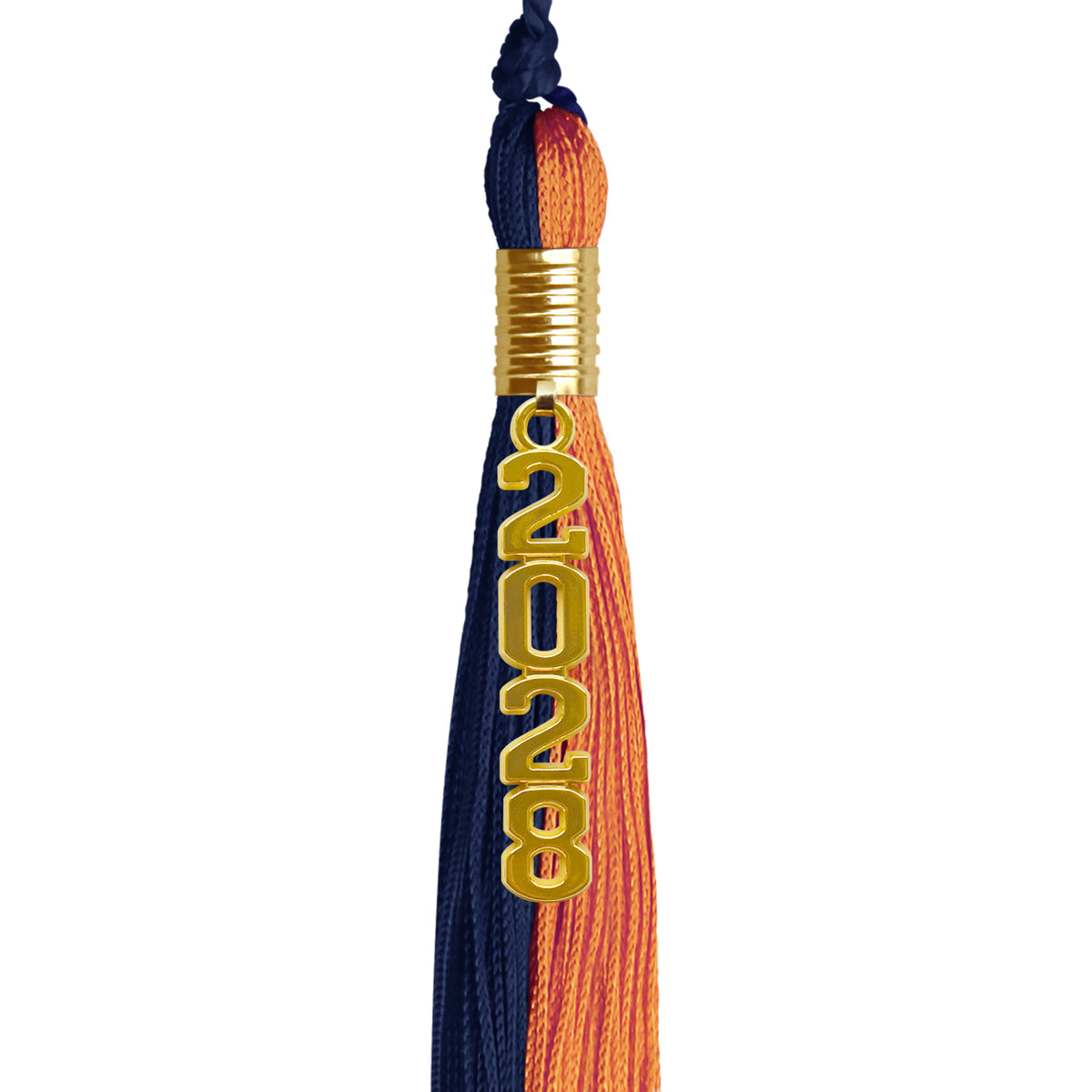 Navy Blue/Orange Graduation Tassel with Gold Stacked Date Drop by Wholesale Grad Supply