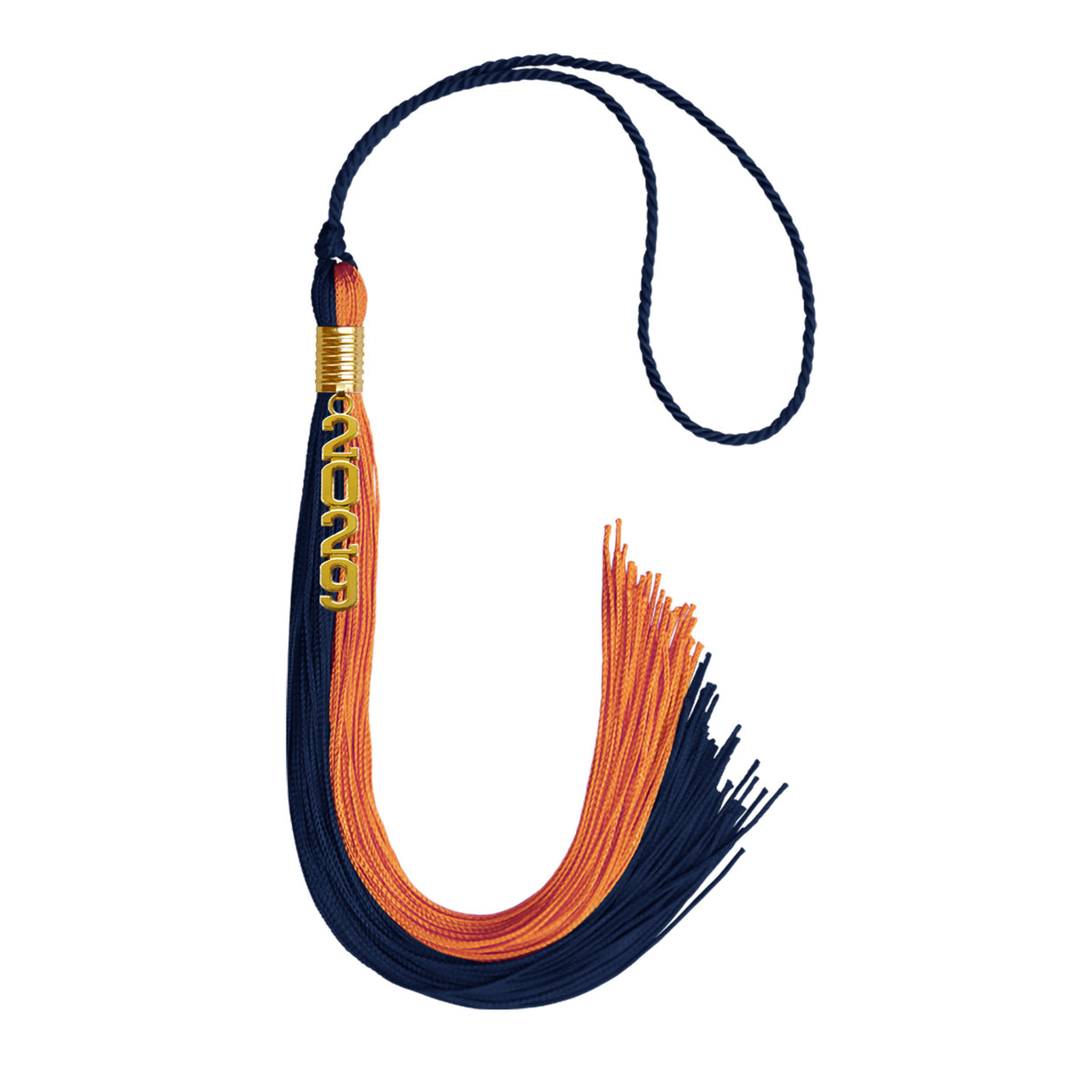Navy Blue/Orange Graduation Tassel with Gold Stacked Date Drop by Wholesale Grad Supply