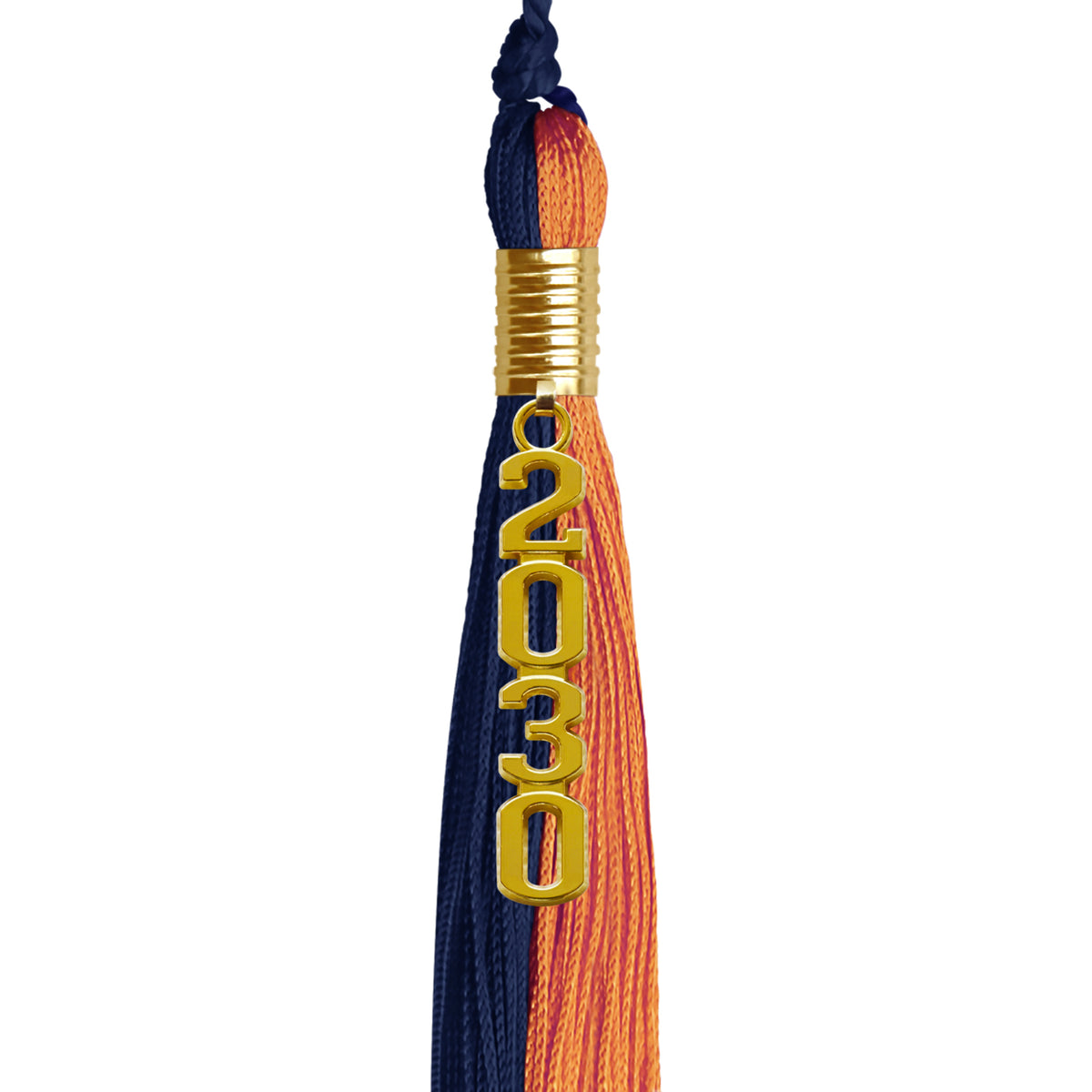 Navy Blue/Orange Graduation Tassel with Gold Stacked Date Drop by Wholesale Grad Supply