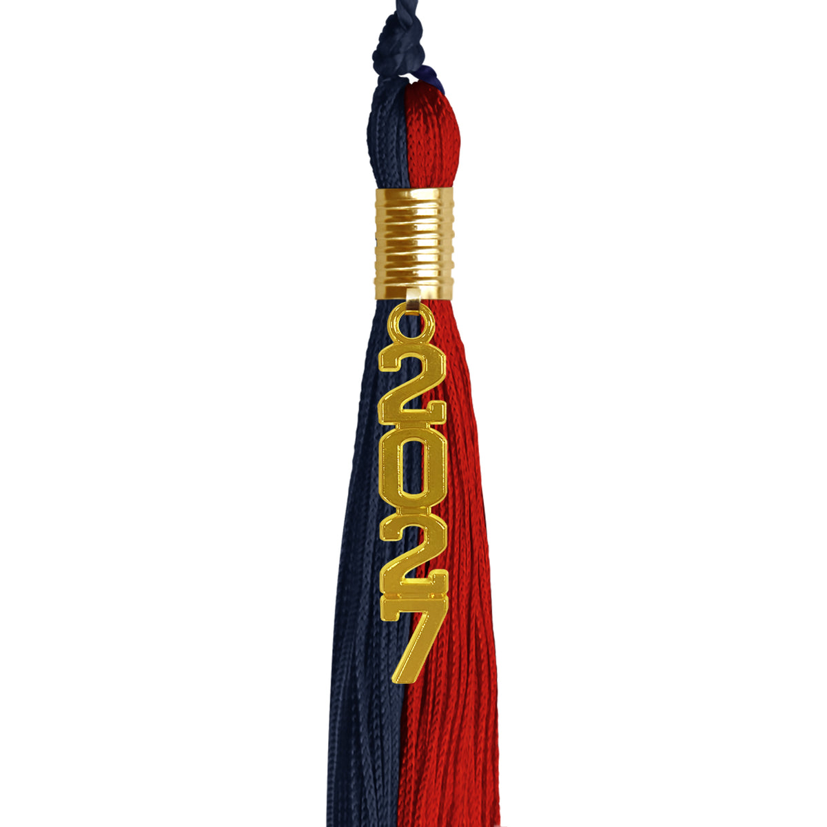 Dark Navy Blue/Red Graduation Tassel with Gold Stacked Date Drop by Wholesale Grad Supply