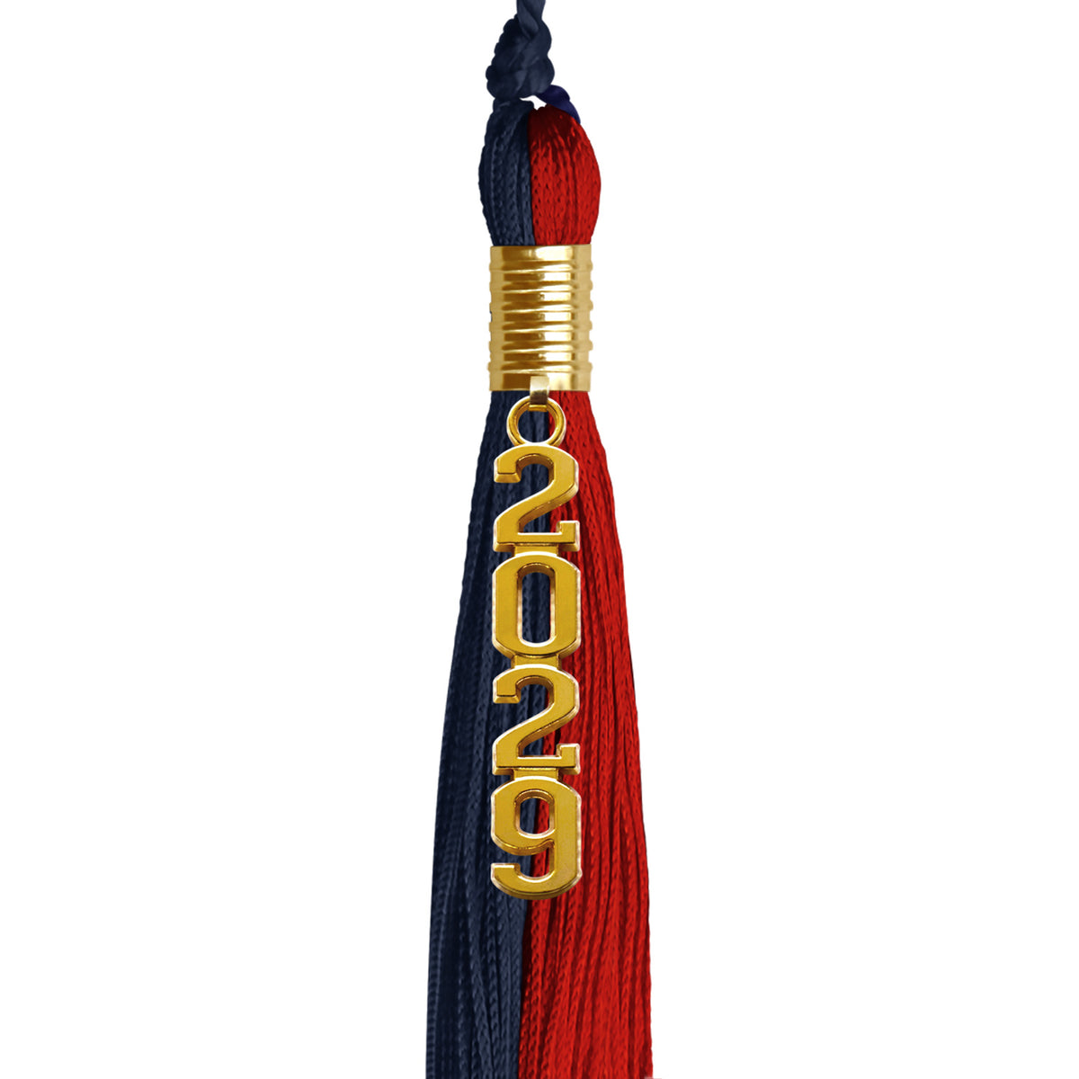Dark Navy Blue/Red Graduation Tassel with Gold Stacked Date Drop by Wholesale Grad Supply