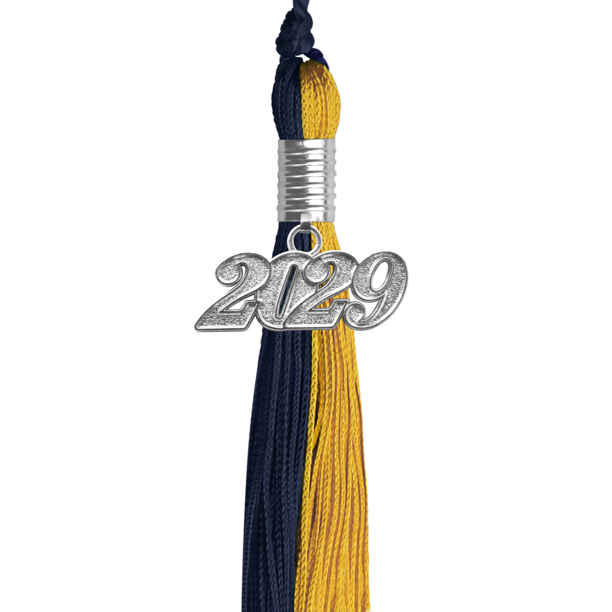 Dark Navy Blue/Bright Gold Graduation Tassel with Silver Date Drop by Wholesale Grad Supply