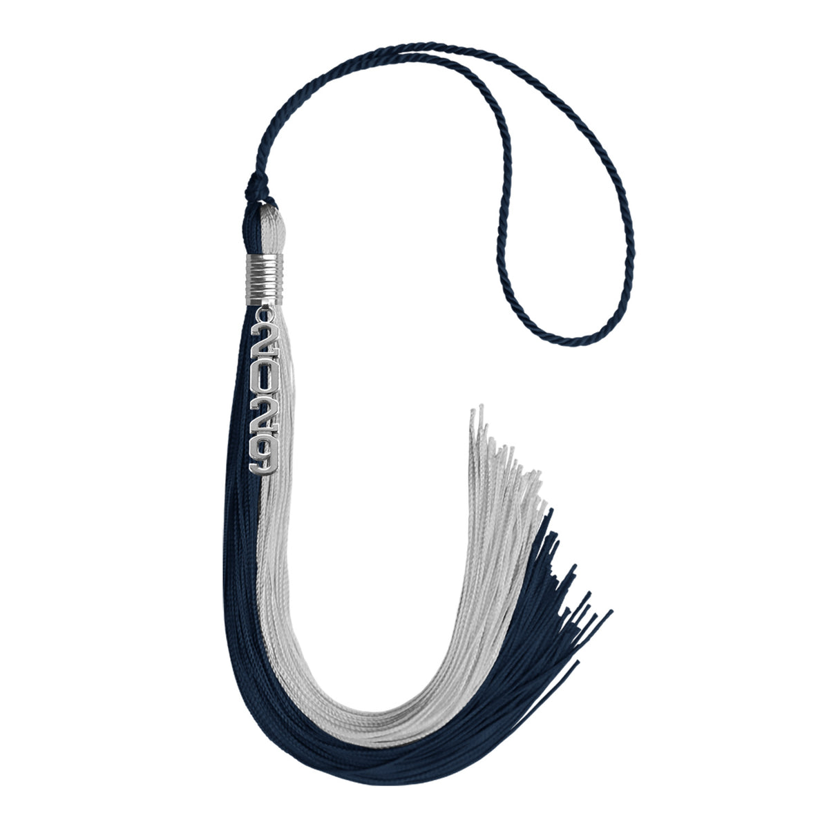 Dark Navy Blue/Grey Graduation Tassel with Silver Stacked Date Drop by Wholesale Grad Supply