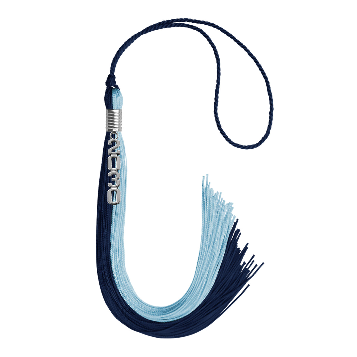 Dark Navy Blue/Light Blue Graduation Tassel with Silver Stacked Date Drop by Wholesale Grad Supply