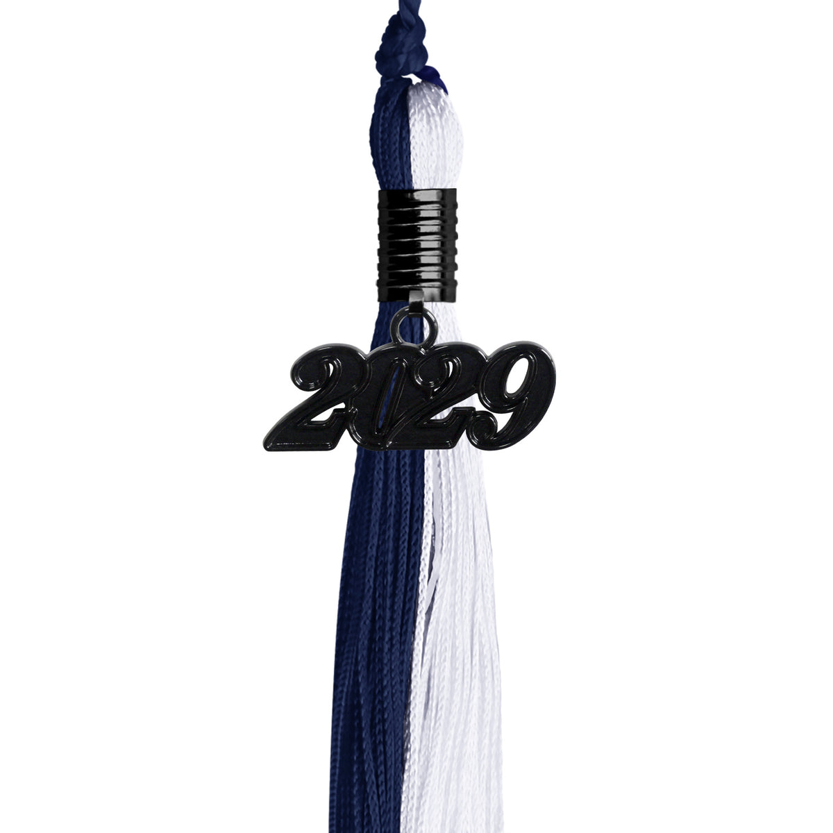 Navy Blue/White Graduation Tassel with Black Date Drop by Wholesale Grad Supply