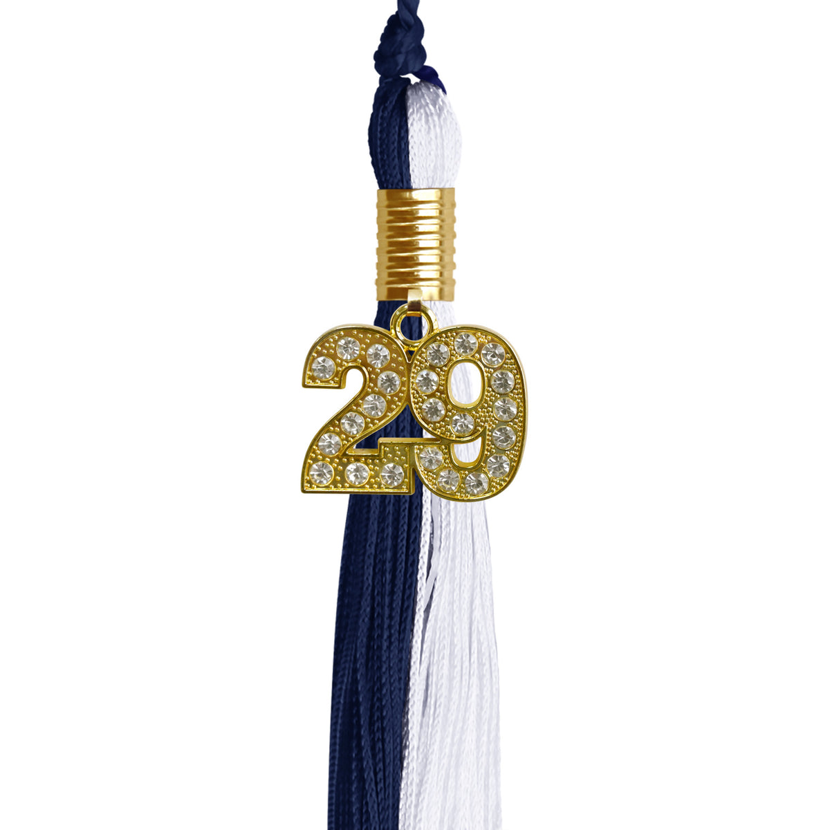 Navy Blue/White Graduation Tassel with Gold Bling Charm by Wholesale Grad Supply