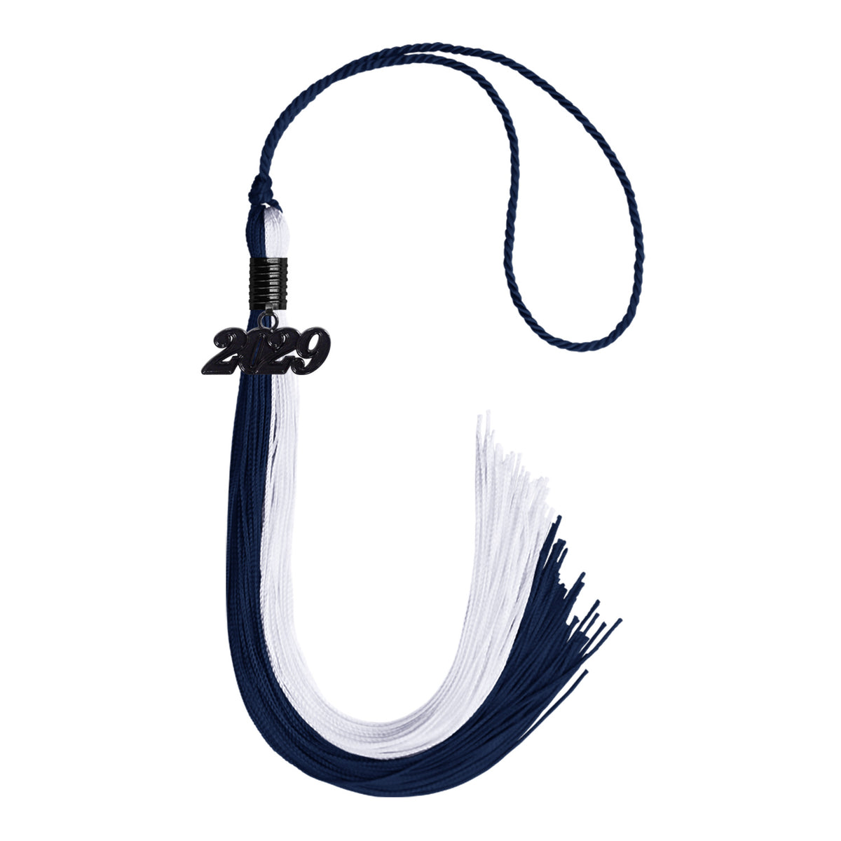 Navy Blue/White Graduation Tassel with Black Date Drop by Wholesale Grad Supply